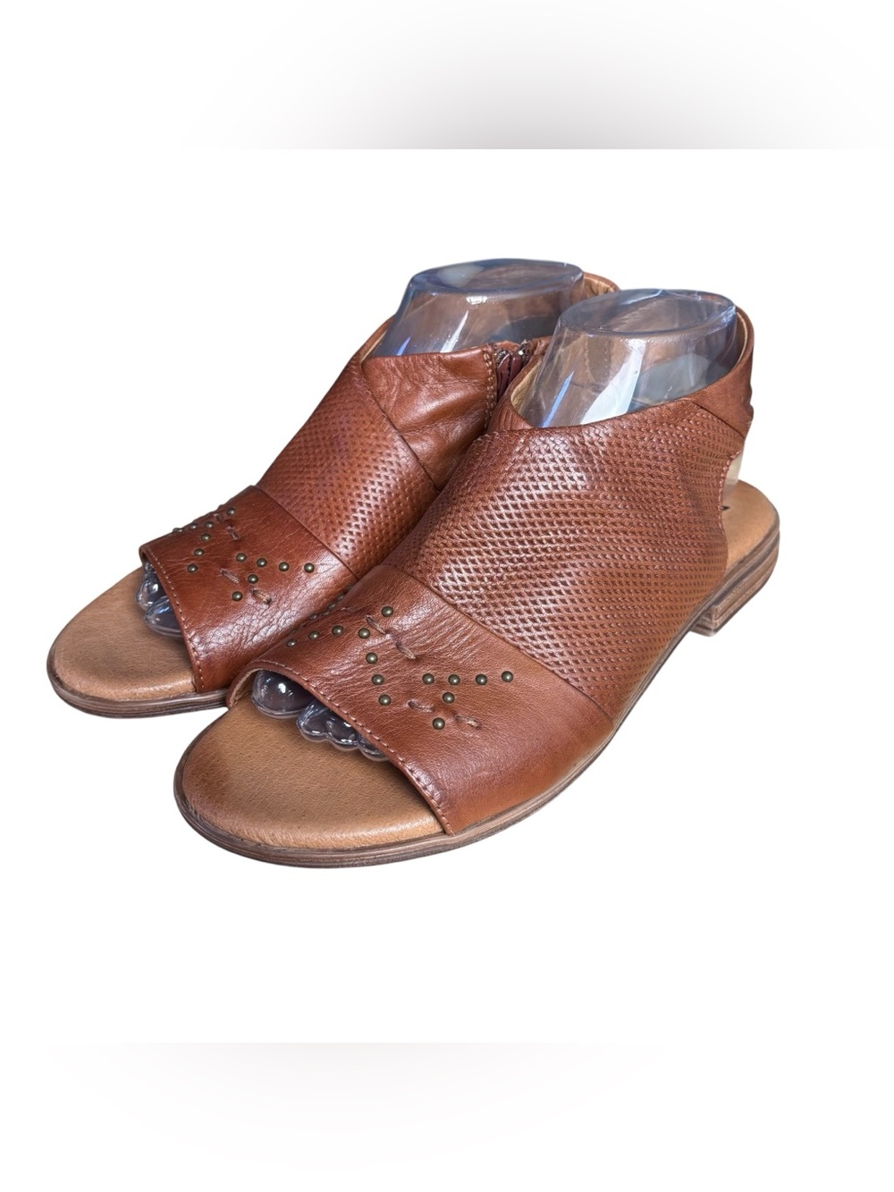 Miz Mooz Darcie Leather Studded Peep Toe Sandals Brown EU 39 US 9-9.5 Ankle Zip